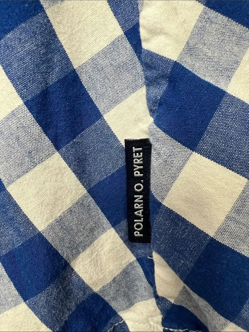 Polarn O. Pyret blue and white check long sleeve cotton dress cross stitching